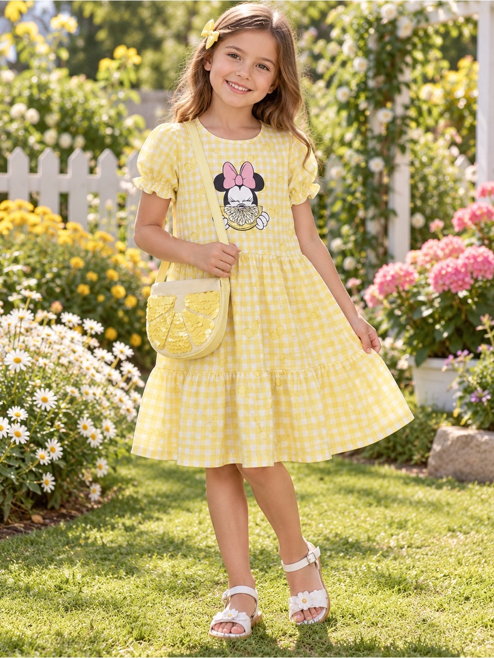 Disney Minnie Mouse lemon-print dress and purse set, size 8–9 years